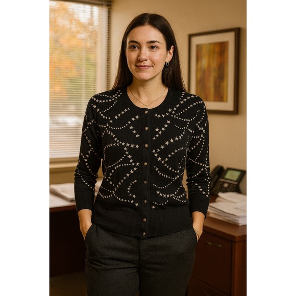 Carmen Marc Valvo M Navy Star Print Button-Down Cardigan Whimsy Career Teacher - Picture 1 of 9
